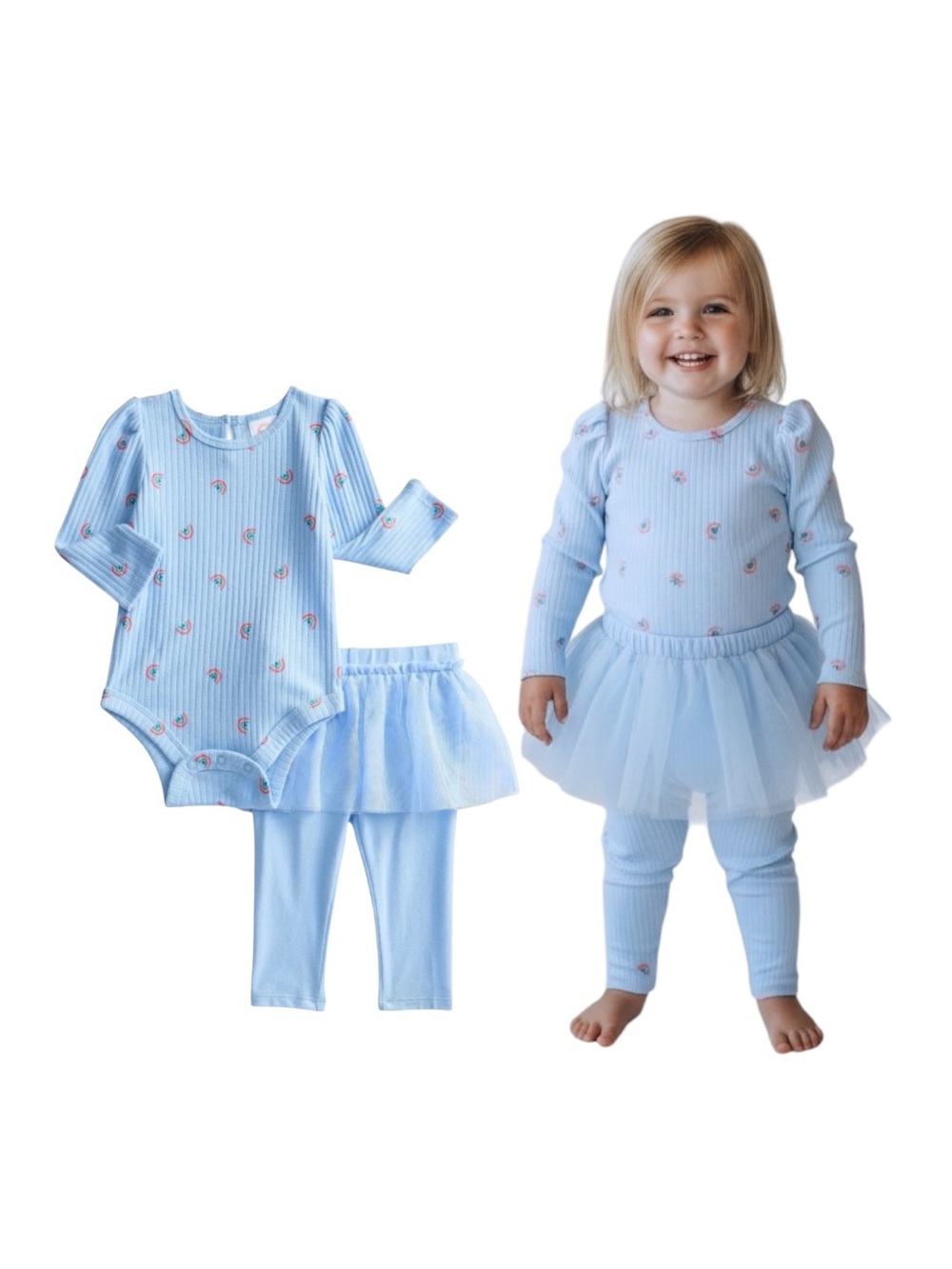 wonder nation Light Blue Ribbed Mini Rainbow Bodysuit With Tulle Skeggings